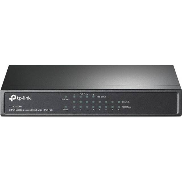 TP-Link PoE Switch 8-Port 100 Mbps, 4 PoE ports up to 15.4 W for each PoE port and 57 W for all PoE ports, Metal Casing, Plug and Play, Ideal for IP Surveillance and Access Point (TL-SF1008P), Black