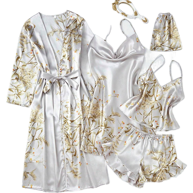 SHEIN 5pcs/Set Silk-Like Flower Print Camisole Top & Shorts & Dress & Robe & Storage Bag, Pajama Set
