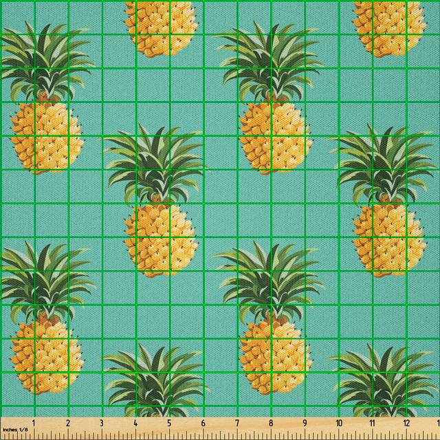 Daive Pineapples and Leaves Exotic Hawaiian Cuisine Vintage Design Fabric - Turquoise Yellow (1,000cm L X 230cm W)