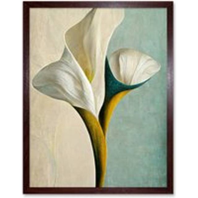 Wall Art Print Cala Lily Lilies Flower Abstract Minimalist Painting Duck Egg Cream Mustard Art Framed - Brown - W12 inch x H16 inch