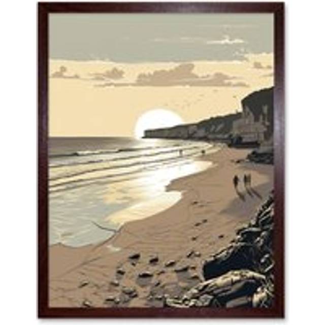 Wall Art Print Sunrise Walk on Filey Beach Coastal Art Framed - Brown - W12 inch x H16 inch