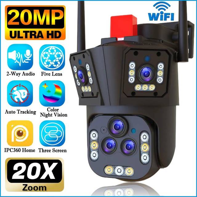 Smart Home 20MP 10K WIFI Surveillance Camera Five Lens Wireless Outdoor IP Camera 20X Zoom Optical Auto Tracking CCTV Camera PTZ 20MP EU Plug