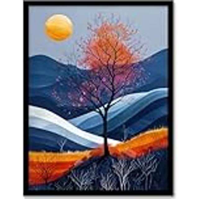 Wall Art Print Moon and Autumn Tree in Scottish Hills Painting Art Framed Poster - Black - A4