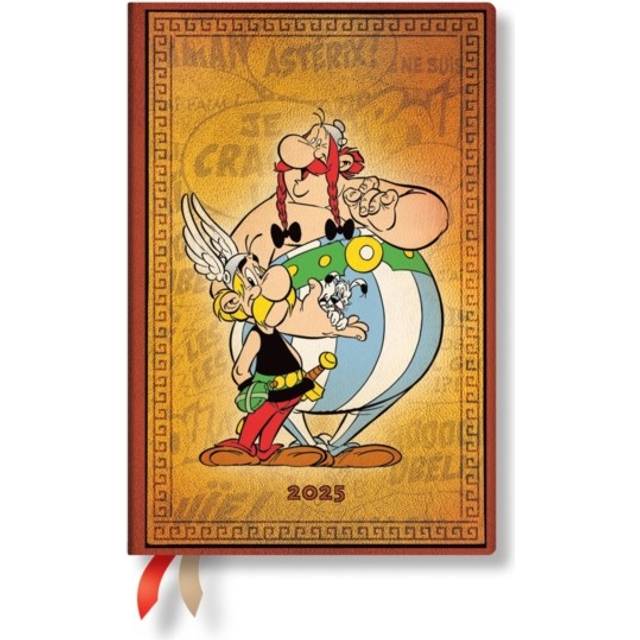 Asterix & Obelix (The Adventures of Asterix) Mini 12-month Horizontal Hardback Dayplanner 2025 (Elastic Band Closure): tydzień na dwóch stronach, zamykany na gumkę, papier 100 gsm