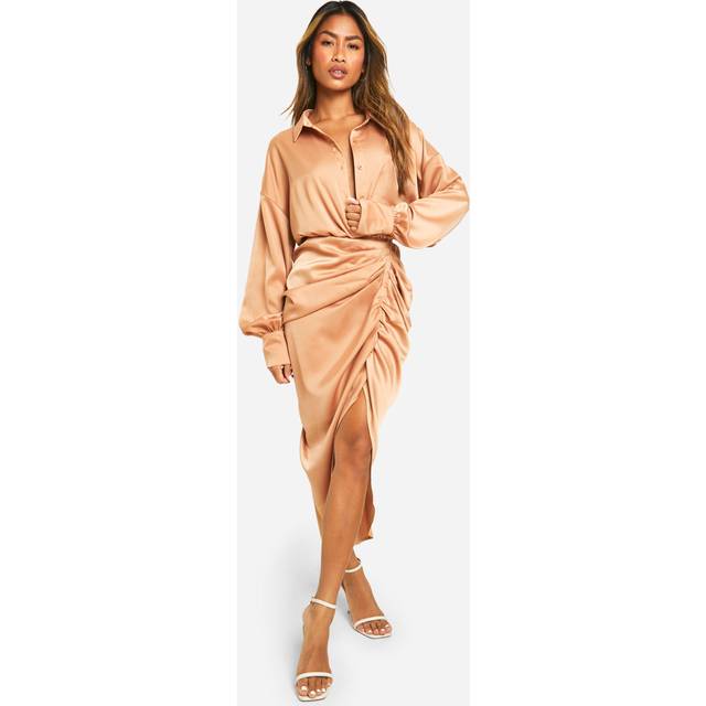 Boohoo Womens Satin Draped Shirt Dress - Gold - Size 8 UK