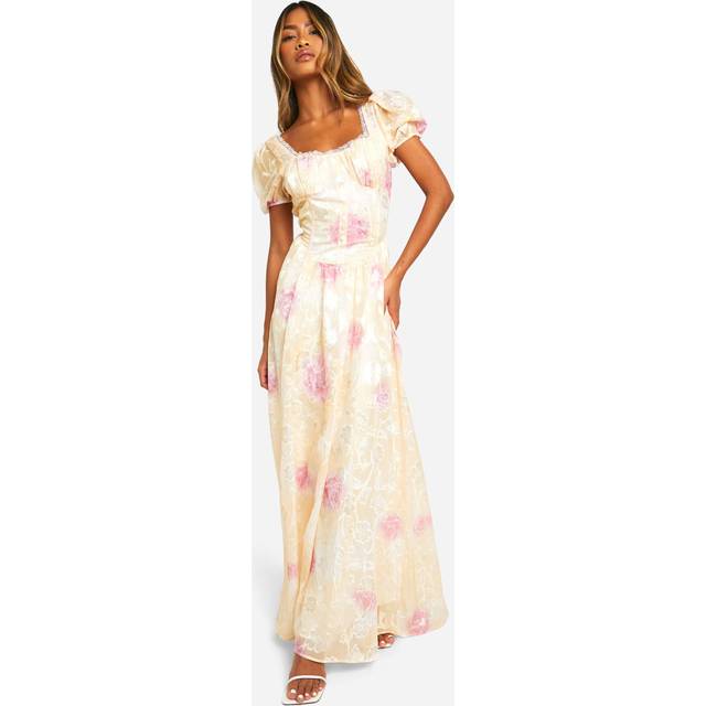 Womens Floral Jacquard Puff Sleeve Milkmaid Maxi Dress - Yellow - 16, Yellow