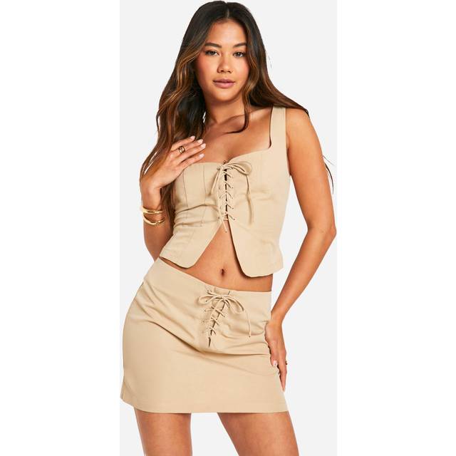 Womens Lace Up Front Micro Mini Skirt - Beige - 16, Beige