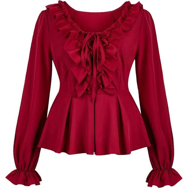 (Red, XS) Renaissance Costume Ruffled Shirt For Halloween Cosplay Polyester Colorful