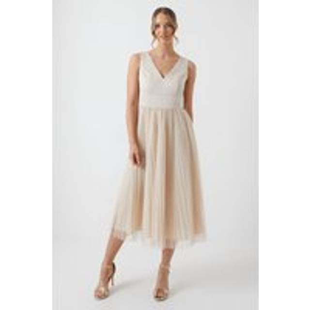 Satin Bodice Tulle Skirt Midi Bridesmaids Dress - Champagne - 8