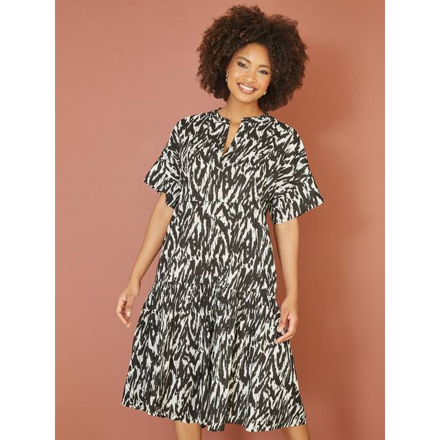 Yumi Black Organic Cotton Animal Print Tiered Tunic Dress - Size 8 UK - Yumi