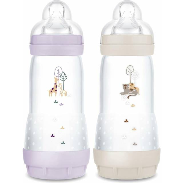 MAM Easy Start Anti-Colic Flaskor, 2-pack, 4+ månader snabbt flöde (2 x 320 ml) lila + sand - flaska för att minska kolik och barnets obehag - babyflaska kompatibel med amning