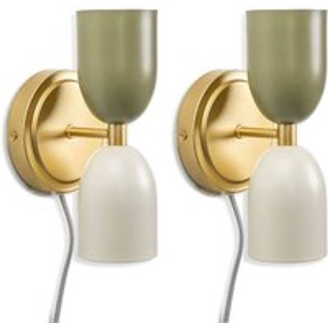 Valuelights Pair Of - Plug In Gold Up & Down Easy Fit Wall Lights With Khaki / Cream Shades - One Size