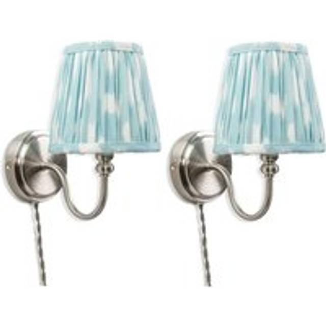 Neely Pair of - Plug in Brushed Chrome Easy Fit Wall Lights with Blue Pleated Fabric Tapered Lampshade