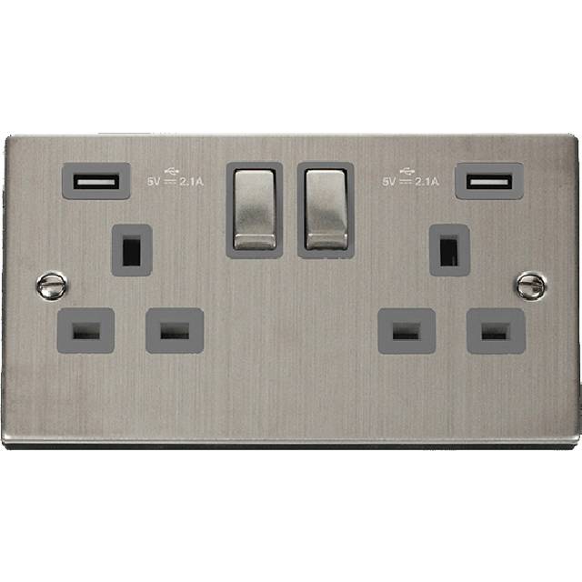 Click Deco 13A Ingot 2G Switched Socket With Twin USB 4.2A Outlets Stainless Steel Insert Grey