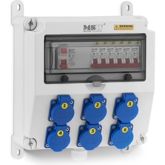 MSW Power Distributor - 6 earthed sockets - RCD fuse - 6 circuit breakers MSW-WPD-6V
