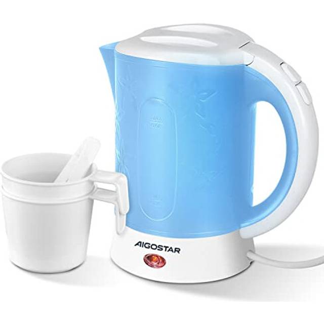 Aigostar Small Travel Kettle Electric, 650W 0.6 Litre Lightweight Kettle, Low Wattage Mini Portable Kettle with 2 Cups and 2 Spoons for Seniors
