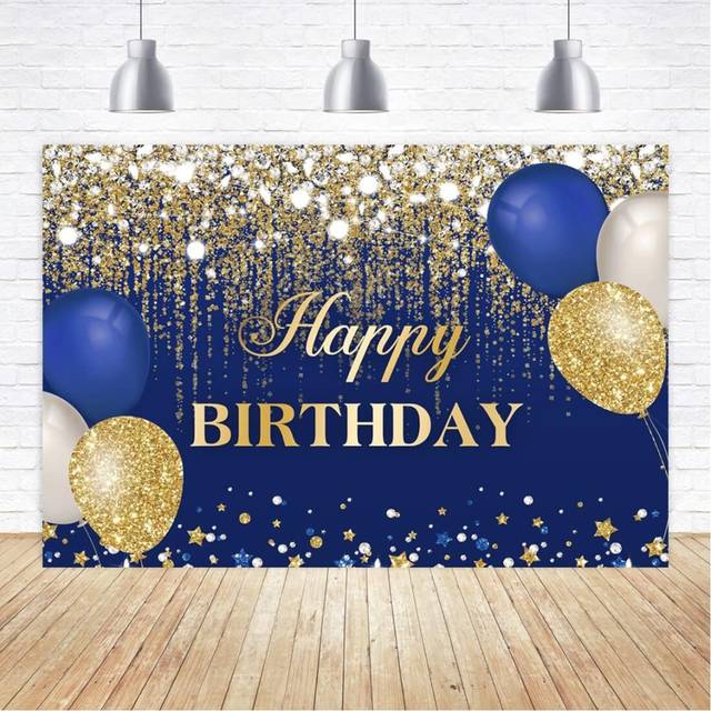 Blue and gold Happy Birthday Background 6x4 feet Shiny Gold Dots Diamond Balloon Photography Background Party Decoration Cake Studio Props