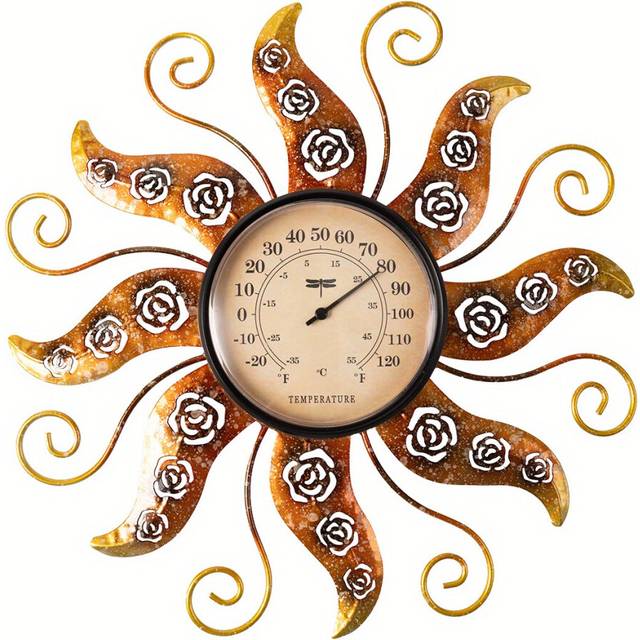 (Rose Printed Sun) Sun Art Outdoor Thermometer Decorative, 30.48cm Rose Hollow Pattern Wall Thermometer
