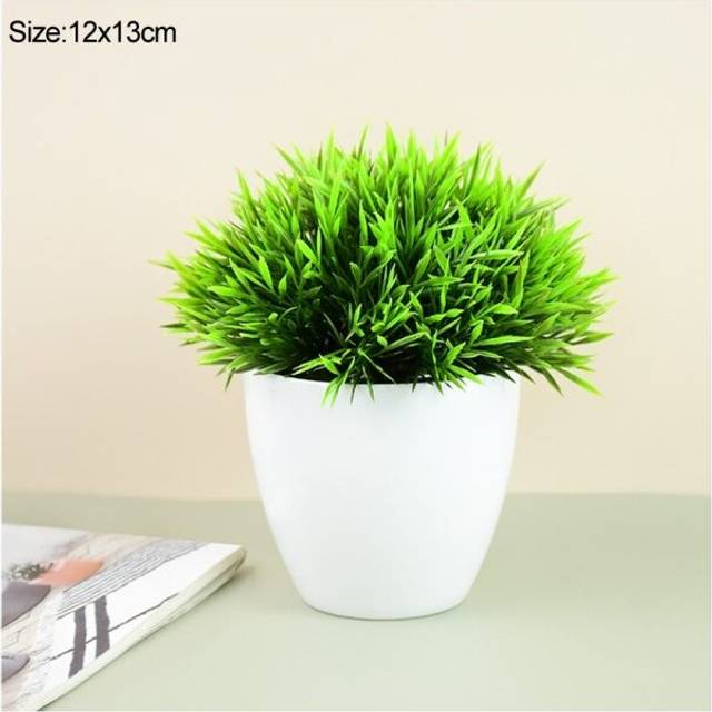 (B) Artificial Plants Potted Green Bonsai Small Tree Grass Plants Pot Ornament Fake Flowers