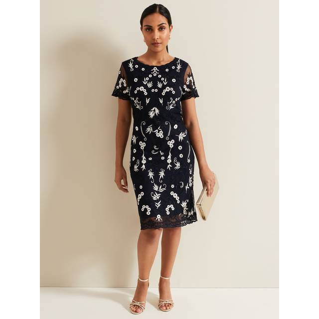 Phase Eight Petite Florisa Floral Embroidered Dress, Navy/White