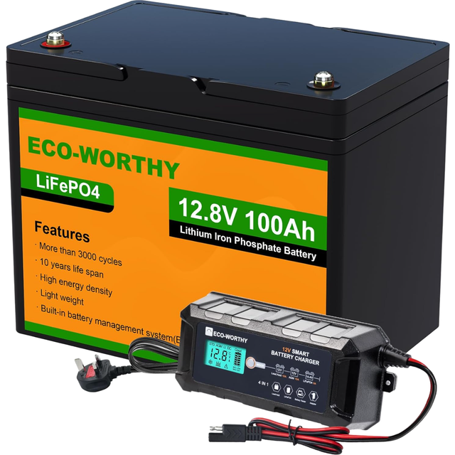 Eco-worthy - 12.8V 100AH Lithium LiFePO4 Battery and 12V 10A Automatic Smart Battery Charger and Maintainer,Built-in BMS,4000+ Deep Cycle,for