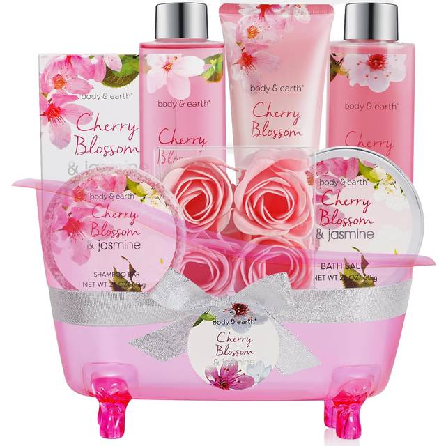 Bath and Body Gift Set - 8 Piece Gift Basket with Cherry Blossom & Jasmine Scent - Includes Bubble Bath, Shower Gel, Body & Hand Lotion, Bath Salts