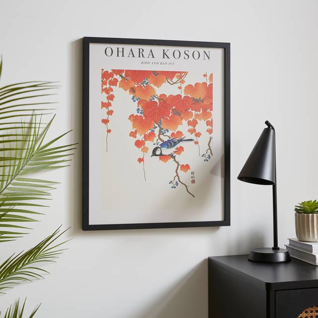 Bird and Red Ivy by Ohara Koson Framed Print - Black