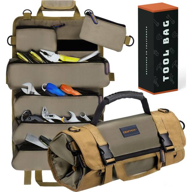CRAFT911 TOUGHEST Roll Up Tool Bag Organizer - 7 Pouches (3 Detachable) Compact Portable Tool Storage Box - 1680D Waterproof Small Tool Bag For Car -