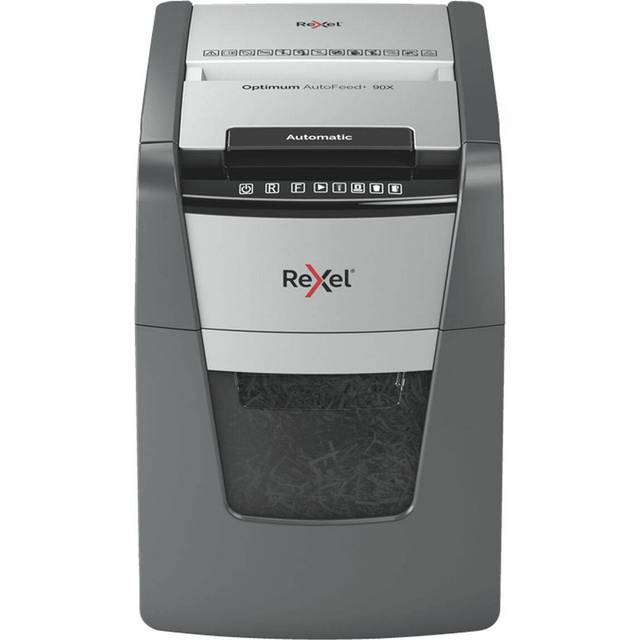 Rexel Optimum AutoFeed+ 90 x automatisk dokumentförstörare, 90 ark automatisk, säkerhetsnivå P4, partikelskärning, för hem/hemmakontor, 34 liter avfallsbehållare, 2020090XEU
