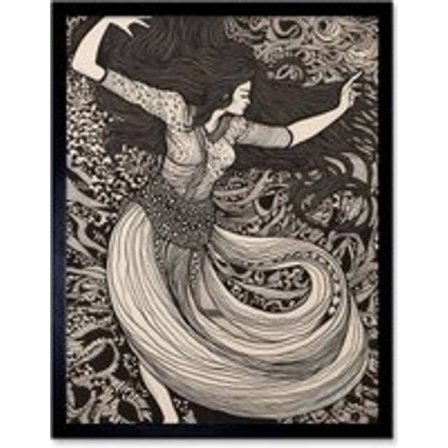 Wall Art Print Long Haired Woman Dancing to Music in Boho Dress Art Framed - Black - W12 inch x H16 inch