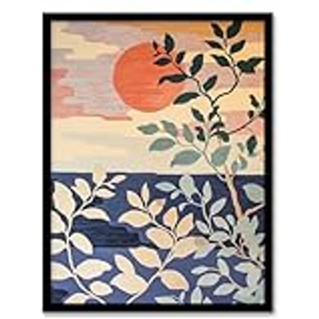 Sunset in Coastal Trees Painting Zen Calm Warm Framed Art Print - Multi - A4