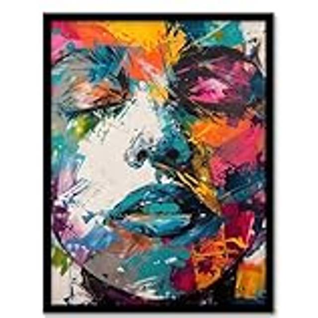 Woman Face Colourful Portrait Oil Painting Framed Art Print - Multi - A4