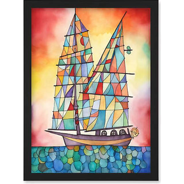 Sailing Ship At Sunset Folk Art Artwork Framed Wall Art Print A4 - Black - One Size