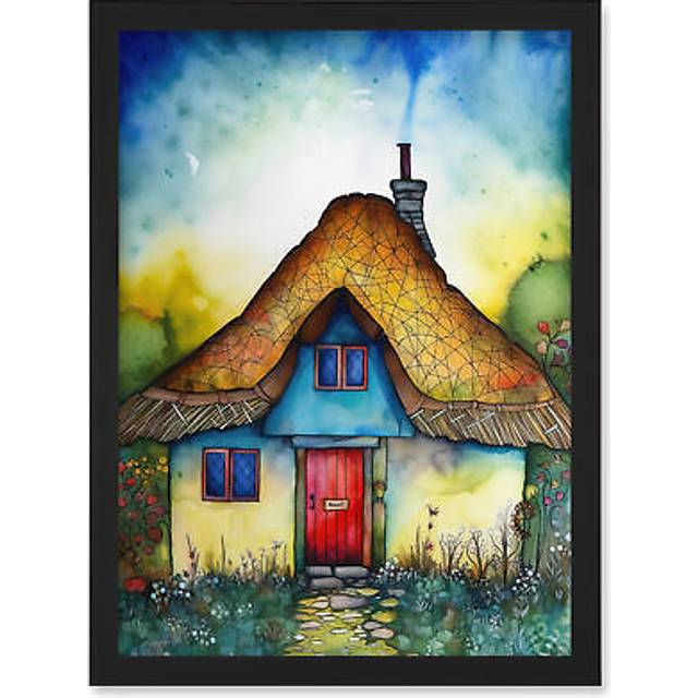 The Thatched Cottage Folk Art Artwork Framed Wall Art Print A4 - Black - One Size