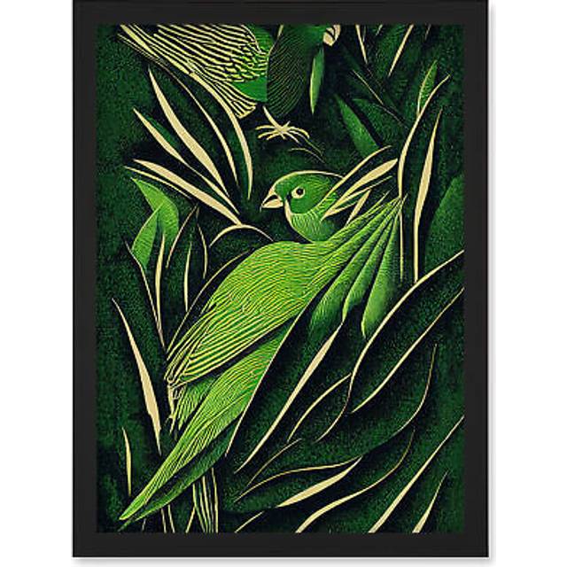 Green Modern Vintage Retro Abstract Jungle Tropical Leaves Parrots Illustration Artwork Framed Wall Art Print A4 - Black - One Size