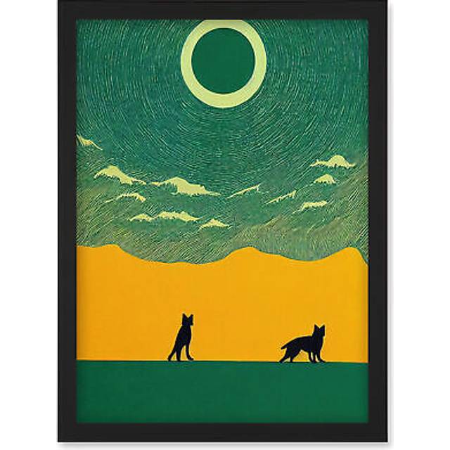 Abstract Wolves Minimalist Surreal Sky Green Yellow Artwork Framed Wall Art Print A4 - Black - One Size