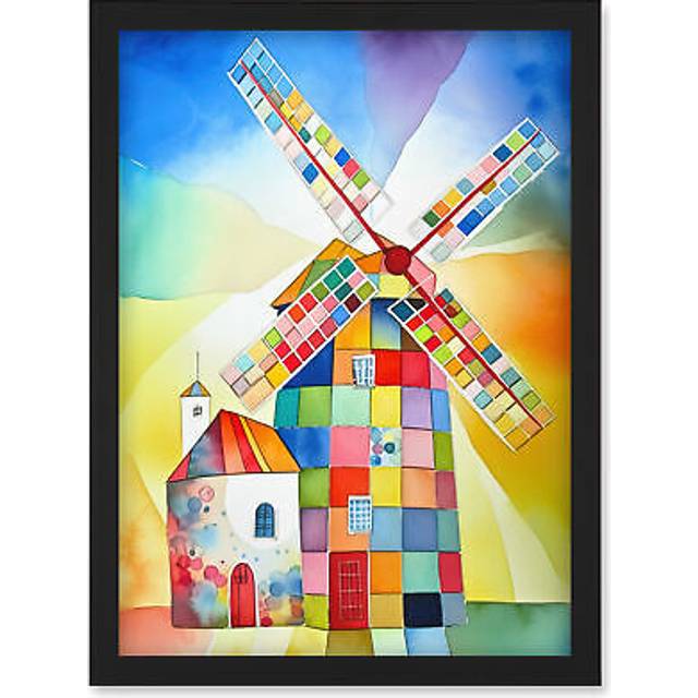 Abstract Patchwork Windmill Old Amsterdam Folk Art Artwork Framed Wall Art Print A4 - Black - One Size
