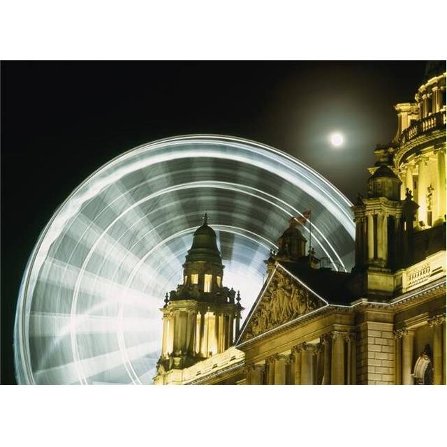 Posterazzi DPI1893391 Moon Rising Behind Big Wheel & Belfast City Hall Poster Print, 18 x 13