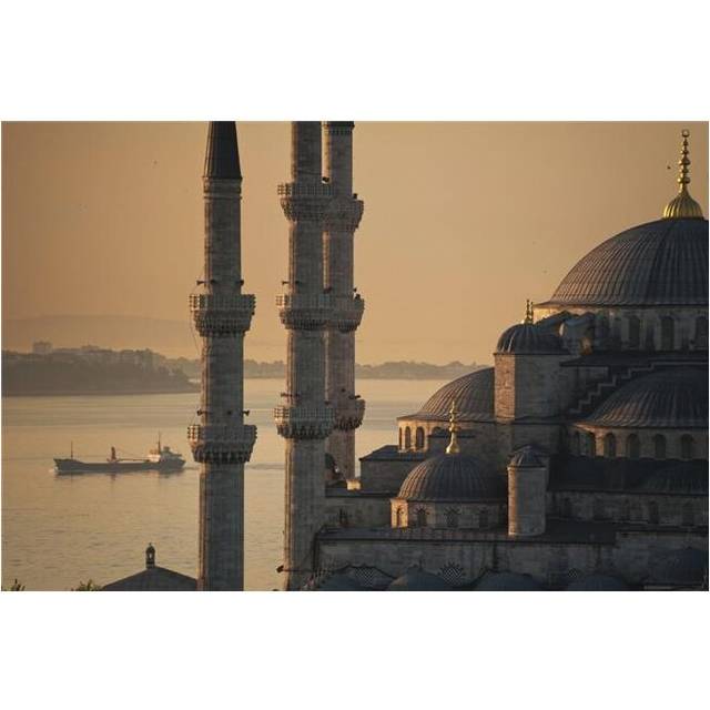 Posterazzi DPI1892991 Turkey, Ship Sailing Along Bosphorus Behind Sultanahmet or Blue Mosque at Dawn - Istanbul Poster Print, 19 x 12