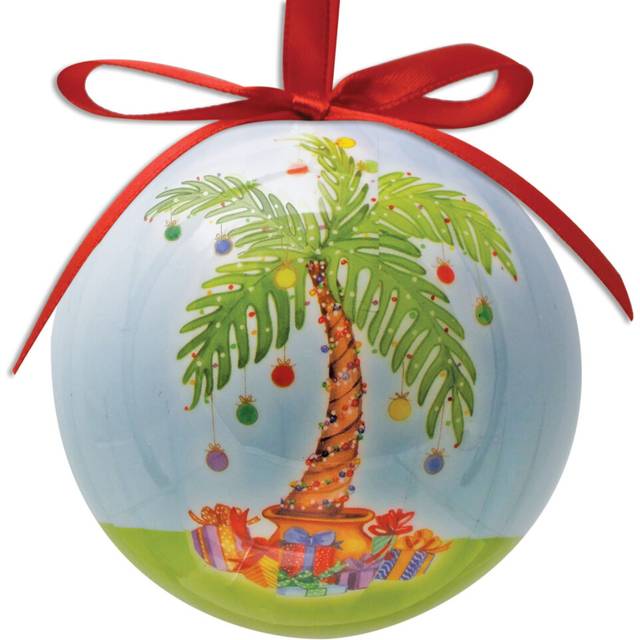 Palm Tree Ball Christmas Ornament, Palm Tree Decorated with Ornaments and Gifts Underneath