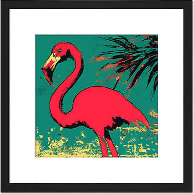 Red Teal Oil Painting Flamingo Bird Tropical Square Wooden Framed Wall Art Print Picture 8X8 Inch - Black - One Size