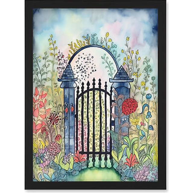 Garden Gate In Spring Folk Art Watercolour Painting Artwork Framed Wall Art Print A4 - Black - One Size