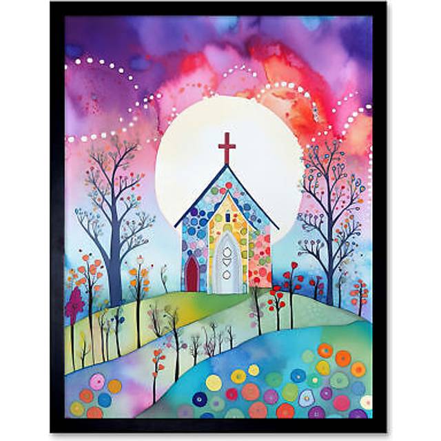 Wall Art Print Countryside Chapel In Full Moon Spring Night Folk Art Watercolour Painting Art Framed - Black - W12 inch x H16 inch