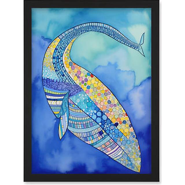 Blue Whale With Multicolour Patterns Folk Art Watercolour Painting Artwork Framed Wall Art Print A4 - Black - One Size