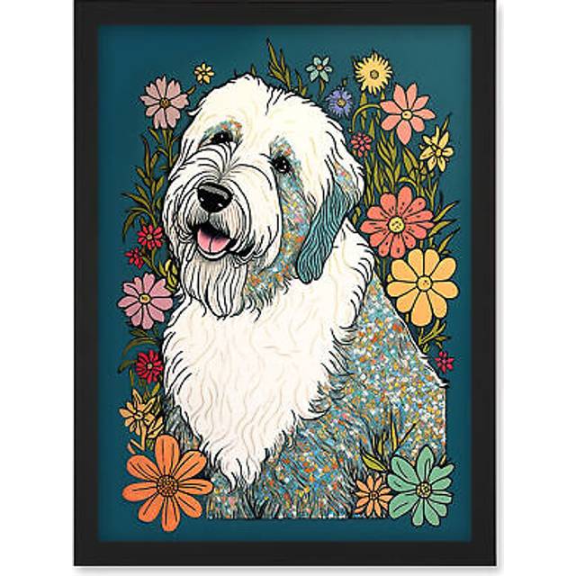 English Sheepdog with Multicolour Daisies Bright Flowers Modern Illustration Artwork Framed Wall Art Print A4 - Black - One Size