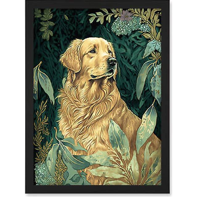 Golden Retriever Dog in Nature Modern Watercolour Illustration Artwork Framed Wall Art Print A4 - Black - One Size