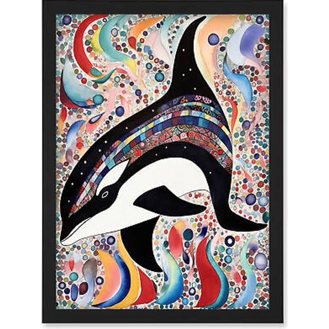 Modern Folk Art Pattern Orca Whale Artwork Framed Wall Art Print A4 - Black - One Size