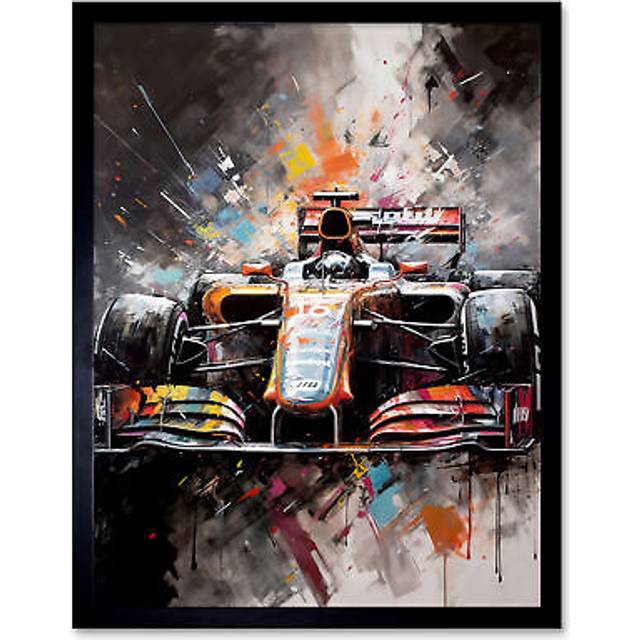 Wall Art Print Race Car Grand Prix Multicoloured Modern Art Framed - Black - W12 inch x H16 inch