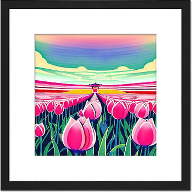 Spring Tulip Flower Field With Japan Temple Illustration Square Wooden Framed Wall Art Print Picture 8X8 Inch - Black - One Size