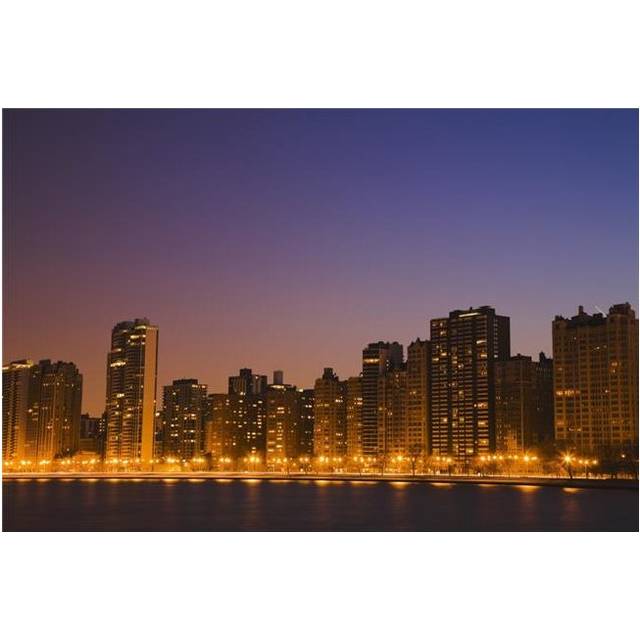 Chicago Downtown Skyline At Night Poster Print, 19 x 12